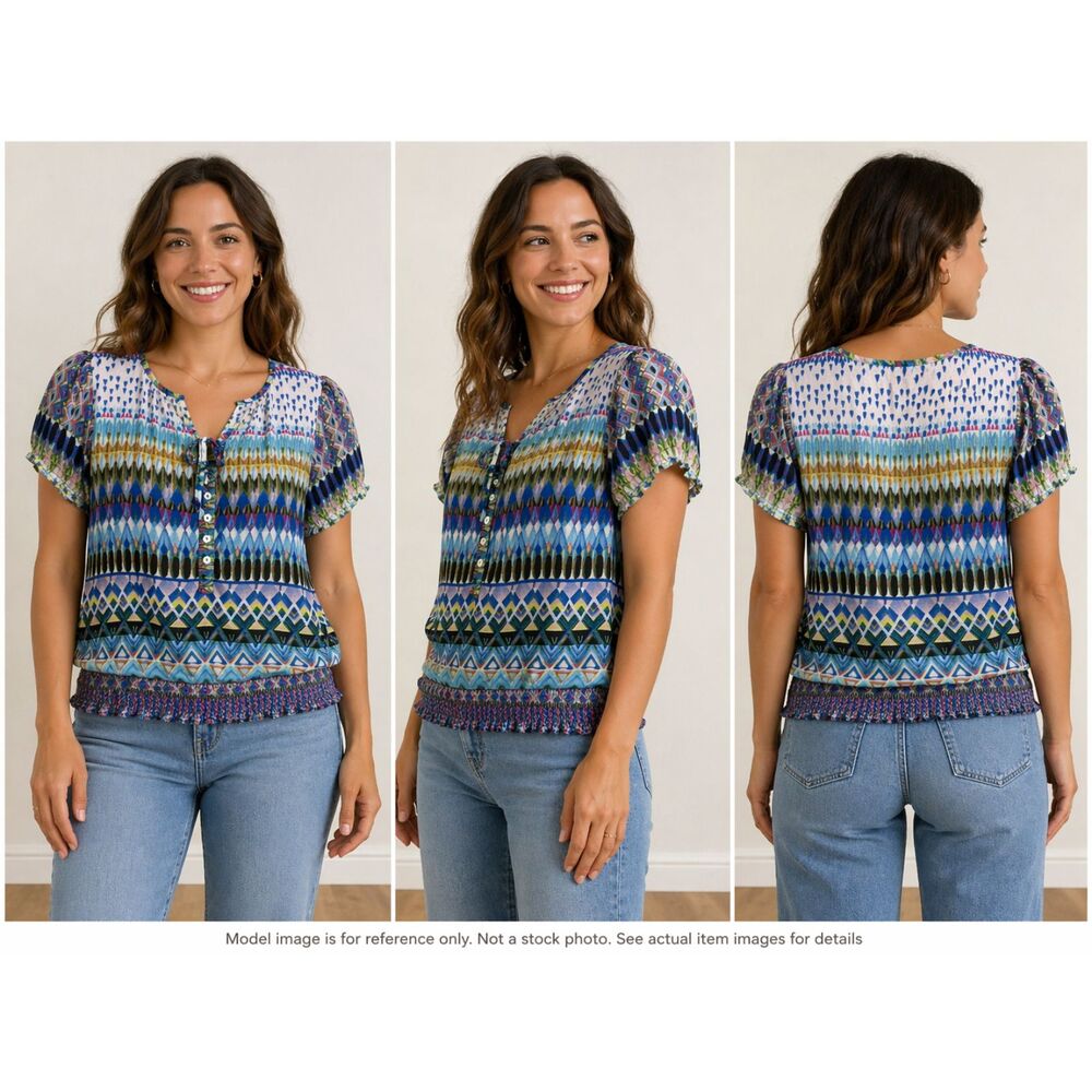 Antilia Femme Multicolor Geometric Print Tie Neck Blouse Top Size L